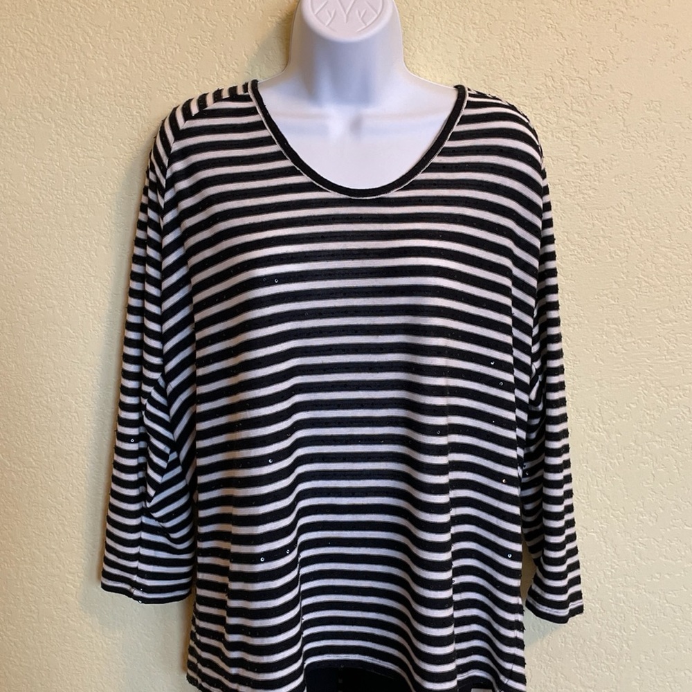 Tito By Vince Camuto Black and Ivory Stripe Sparkle Long Sleeve Top L